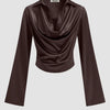 Satin Cowl Neck Long Sleeve Top in Coffee