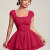 Square Neck Double Layer Short Sleeve Dress In Hot Pink