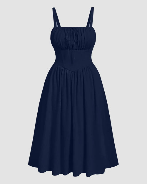 Navy Blue Ruched Bust Spaghetti Strap A-Line Midi Dress Curve & Plus