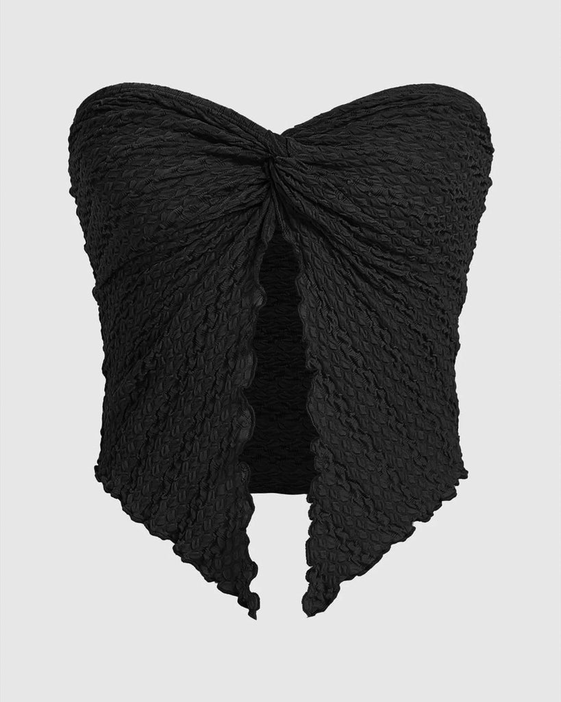 Women Strapless Knit Tube Top Slit Asymmetrical Hem Bandeau Top Slim Fit Off Shoulder Y2k Going Out Tank Top in Black