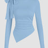 Boat Neck Bow-Shoulder Asymmetric Hem Full Sleeve Top in Blue