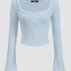 Square Neck Front Button Full Sleeve Top in Ice Blue