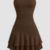 Strapless Ruched Layered Mini Dress in Brown