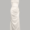 Cowl Neck Ruched Slit Sleeveless Satin Maxi Dress in Cream