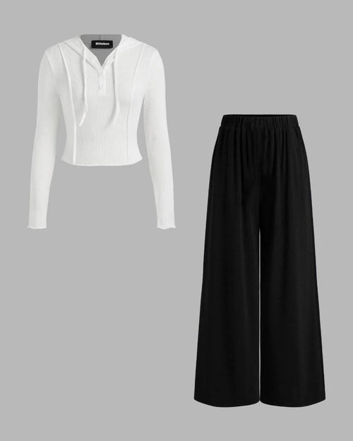 Hooded Solid Top & Mid Rise Pocket Wide Leg Trousers Set