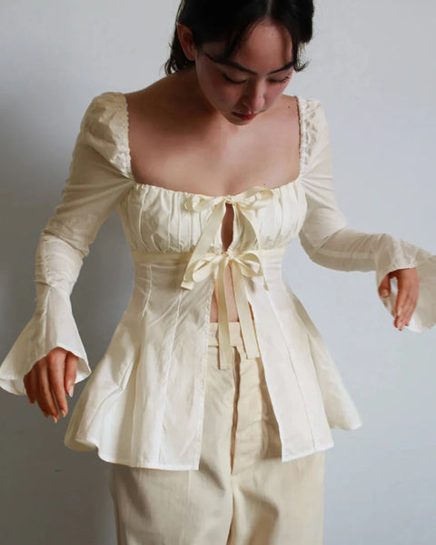 Full Bell Sleeves Tie-Up Front Peplum Top