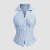 Collared V Neck Striped Sleeveless Top in Blue and White