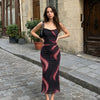 Ruched Mesh Bodycon Midi Dress With Abstract Print And Spaghetti Straps In Soft Black