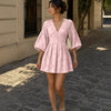 Embroidery Floral Puff Sleeve Ruffle Hem Mini Dress in Pink