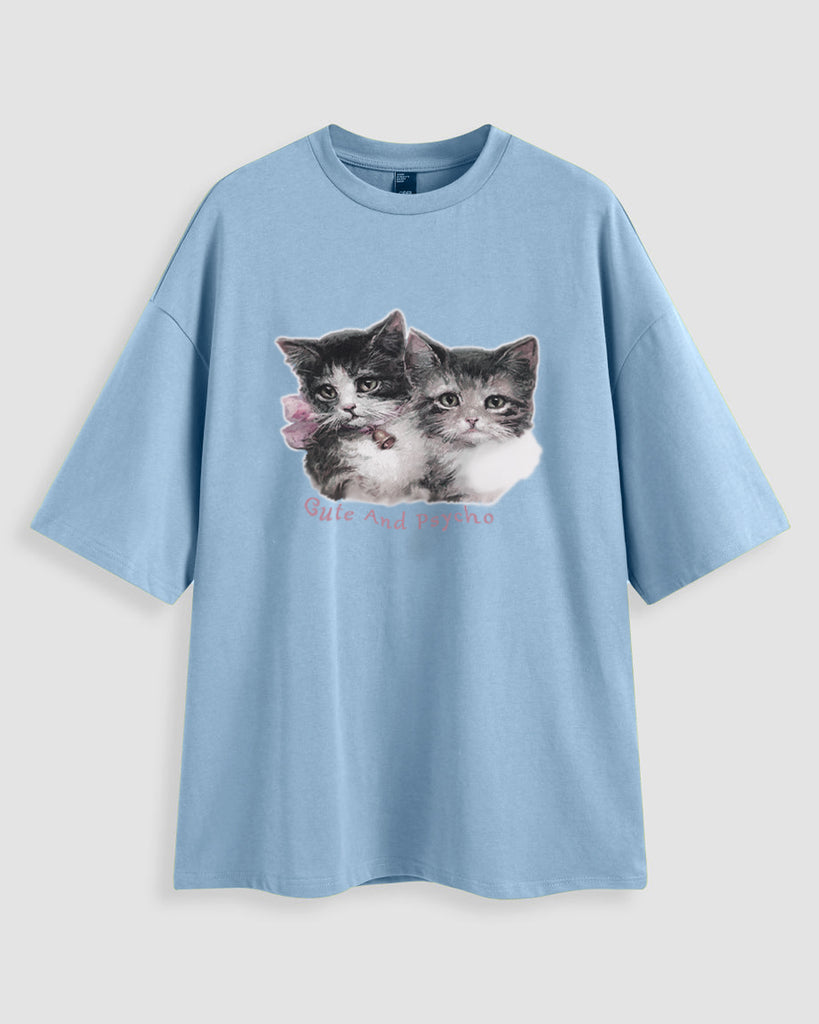 A Blue Oversized T-shirts with two cats on it
