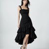 Square Neck Fit and Flare Ruffle Midi Dress in Black