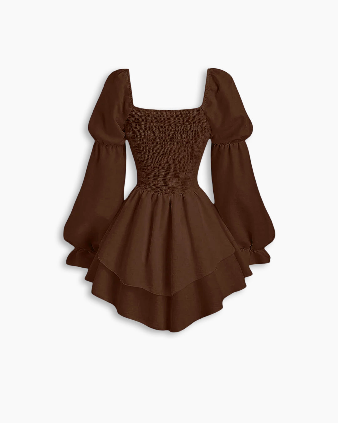 Puff Full Sleeve Layered Princess Mini Dress in Chocolate Brown