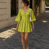 Embroidery Floral Puff Sleeve Ruffle Hem Mini Dress in Dark Citron