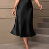 Satin Flared Midi Skirt in Black