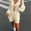 Textured V-Neck Tie Front Long Sleeve Top and Shorts Set in Cream