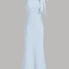 Boat Neck Solid Bowknot Maxi Dress In Ice Blue