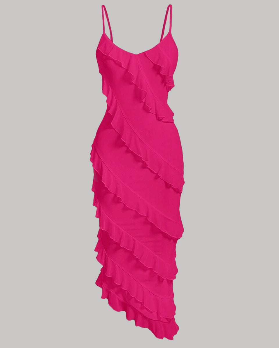 Spaghetti Strap Ruffle Trim Asymmetrical Pink Cami Dress – Littlebox India