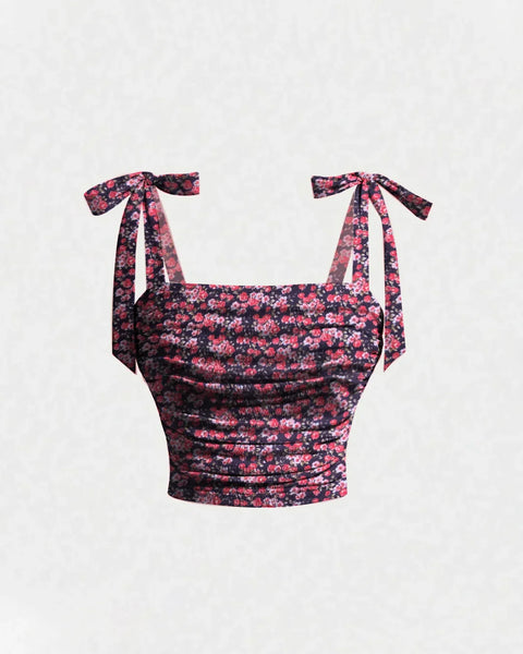 Floral Print Tie-Shoulder Ruched Crop Top