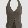 Denim Halter V-neck Split Front Top in Grey