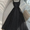 Black Polka Dot Print Spaghetti Strap Sleeveless A-Line Midi Dress