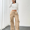 Minimal Brown Women's Cargo Trousers With Side Pockets and Drawstring Waist