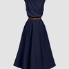 Draped Neck Belted A-Line Sleeveless Midi Dress in Navy Blue