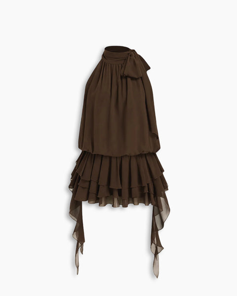 Halter Neck Ruffled Ruched Mini Dress in Brown