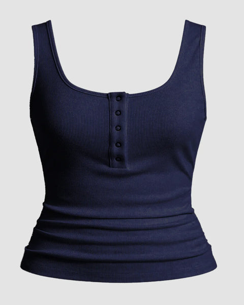 Navy Blue Button Detail Ribbed Sleeveless Top Curve & Plus