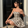 Plaid Strapless Lace Trim Fit and Flare Mini Dress in Caramel Brown
