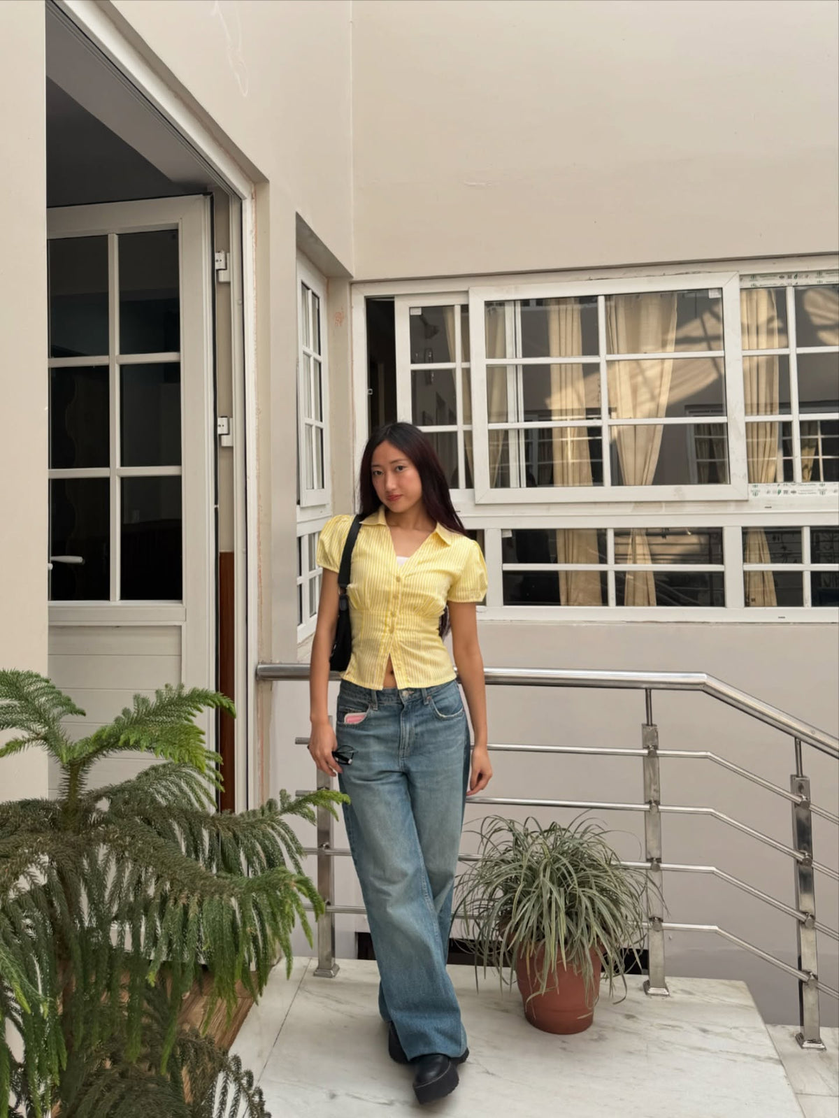 Customer photo 1 of Ruched Button Down Puff Sleeve Top in Yellow