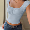 Ice Blue Ruched Square Neck Fitted Top