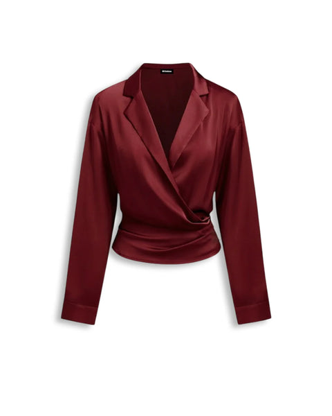 Metal Detail Ruched Wrap Collared Full Sleeve Top in Red