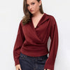 Metal Detail Ruched Wrap Collared Full Sleeve Top in Red
