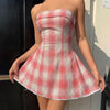 Plaid Strapless Lace Trim Fit and Flare Mini Dress in Blush Pink