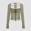 Herbal green square-neck long sleeve top featuring sheer fabric and a knotted front detail, creating a structured yet airy silhouette.
