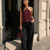 Ruffle Detail Halter Neck Flowy Top in Maroon