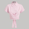 Collared Cross Hem Solid Short Sleeve Back Bow Shirt in Pink