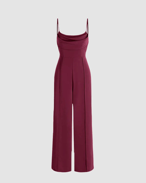 Solid Ruched Strappy-Sleeves Rose Red Jumpsuit