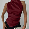 Satin Sleeveless High Neck Asymmetrical Hem Top in Red