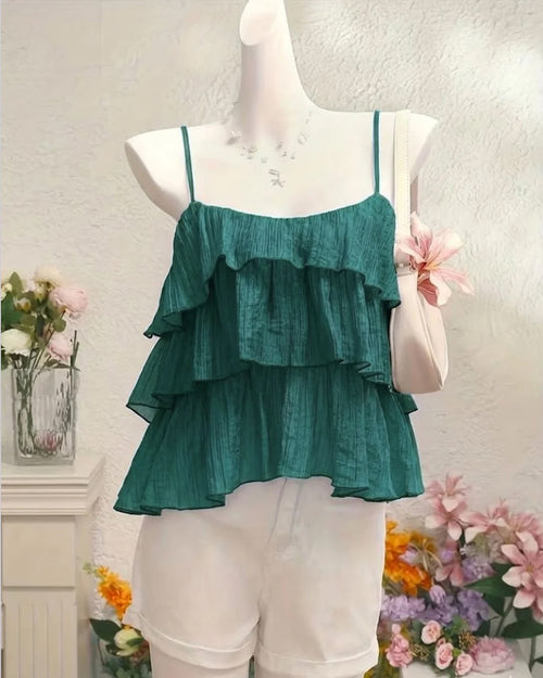 Pleated Layered Ruffle Suspender Top in Teal Blue
