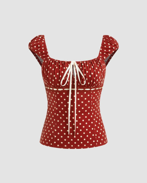 Square Neck Polka Dot Knotted Short Sleeve Top in Red