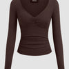 V-neck Ruched Long Sleeve Top in Brown
