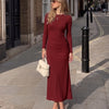 Crew Neck Ruched Waist Long Sleeve Midi Dress in Burgundy