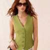 V-neck Knotted Cinched Waist Blazer Vest Top in Green