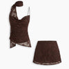 Floral Lace Cowl Neck Halter Top and Shorts Co-Ord Set in Caramel Brown