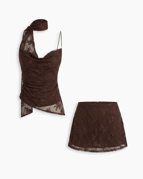 Floral Lace Cowl Neck Halter Top and Shorts Co-Ord Set in Caramel Brown