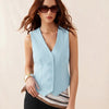 V-neck Knotted Cinched Waist Blazer Vest Top in Sky Blue