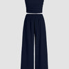 Off Shoulder Crop Top And Wide Leg Pant In Navy Blue