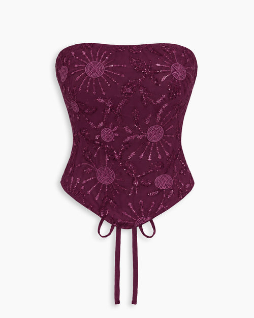 Strapless Floral Sequin Embellished Corset Top in Wine Maroon