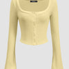 Square Neck Front Button Full Sleeve Top in Vanilla